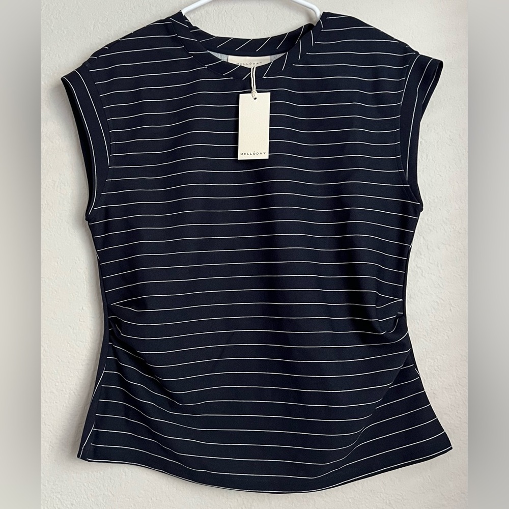 MELLODAY woman’s Blue and White Cap Sleeve Ribbed Muscle Tee